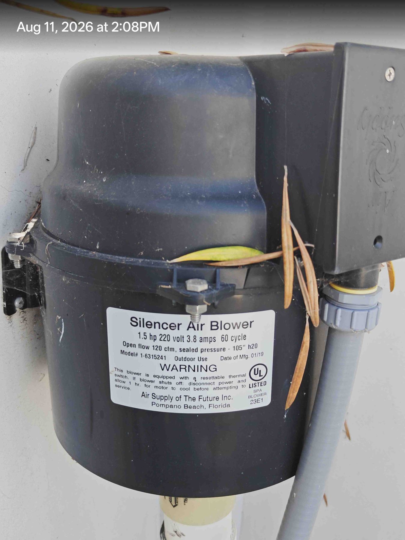 Air blower B-1: Silencer 1.5 HP blower, manufactured January 2019